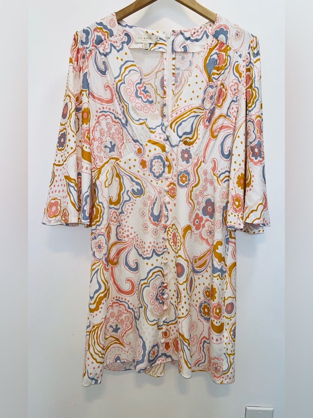 Ted baker paisley print bell sleeve cottage core dress women’s size 3 or medium